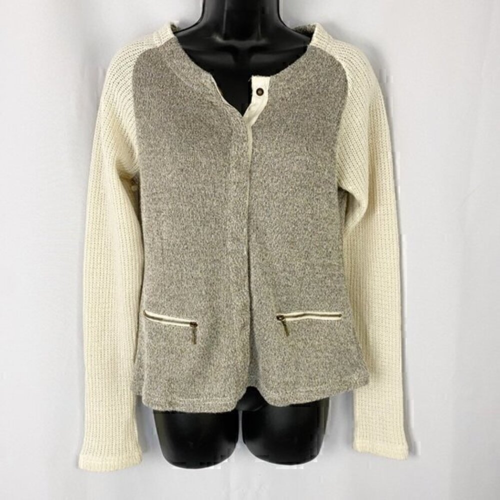 Skies Are Blue Knit Hidden Button Snap Jacket Sweater Cream Small